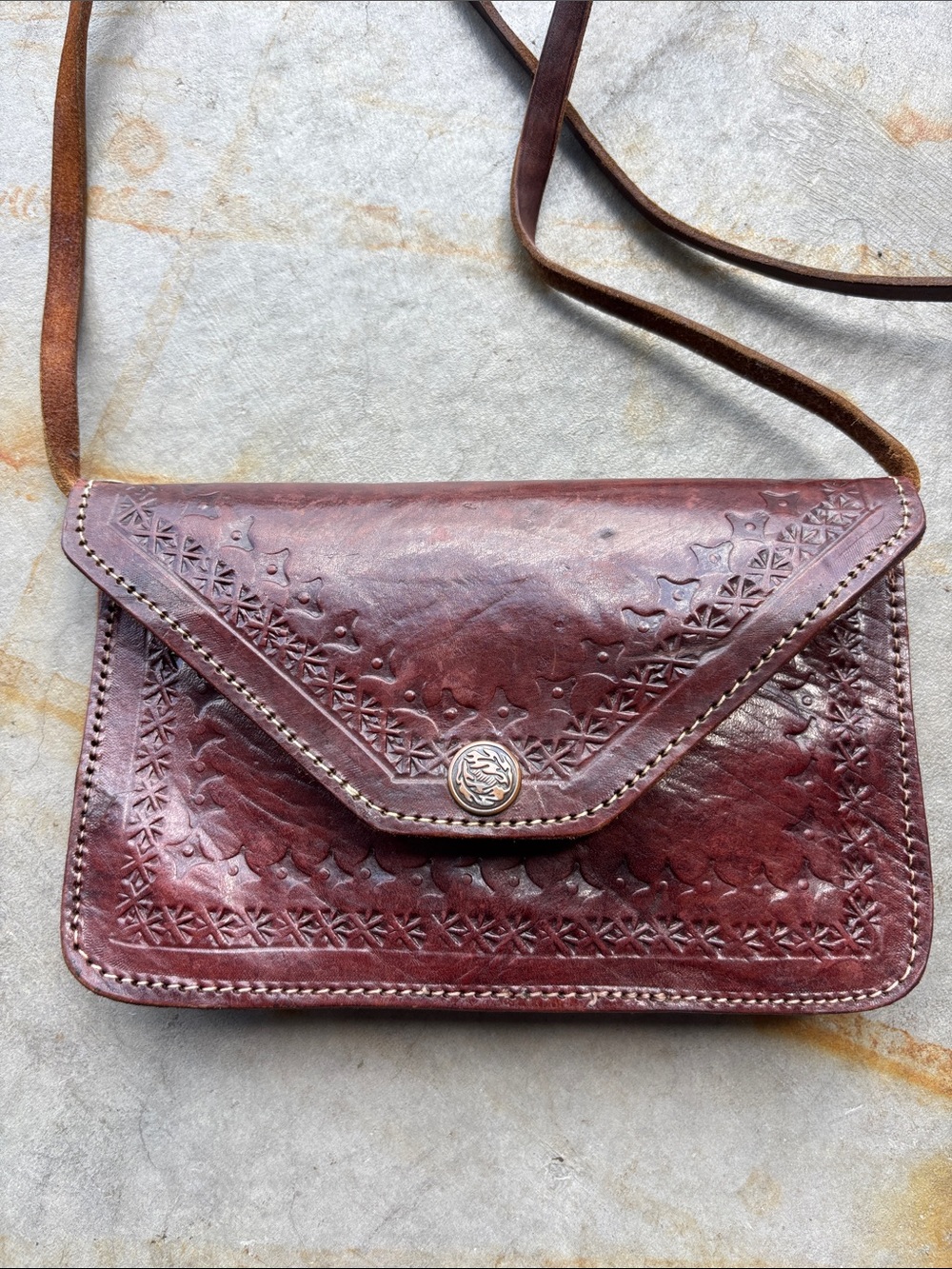 Vintage Tooled Leather Crossbody Envelope Purse Brown Boho Western Festival Bag - Picture 2 of 10